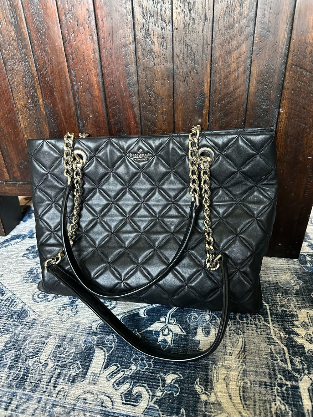 kate spade Black Quilted Leather Shoulder bag with Gold Chain Handles